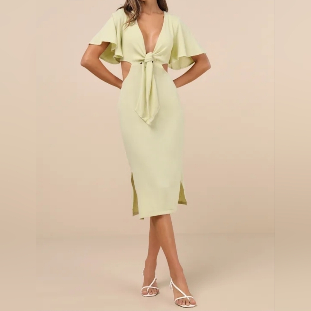 Lulus Women's Summer Journey Light Green Tie-Front Cutout Midi Dress, NWOT, MED